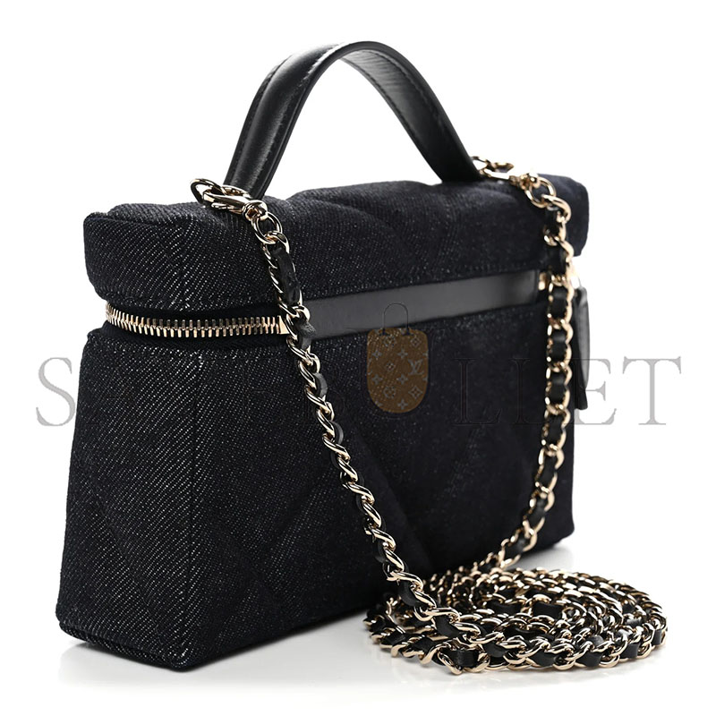 Ch**el MASTER De*1m QUILTED TOP HANDLE SLIM VANITY CASE WITH CHAIN DARK BLUE (19.5*17*5cm)